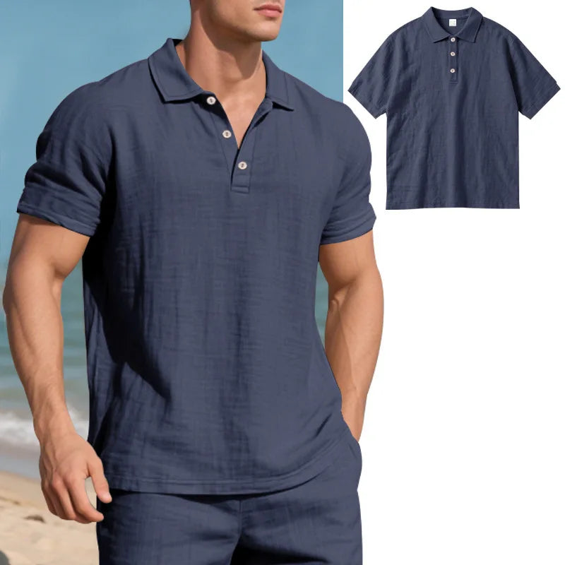Men s Casual Short Sleeve Linen Shirt with Lapel Collar and Button Detail - Lightweight