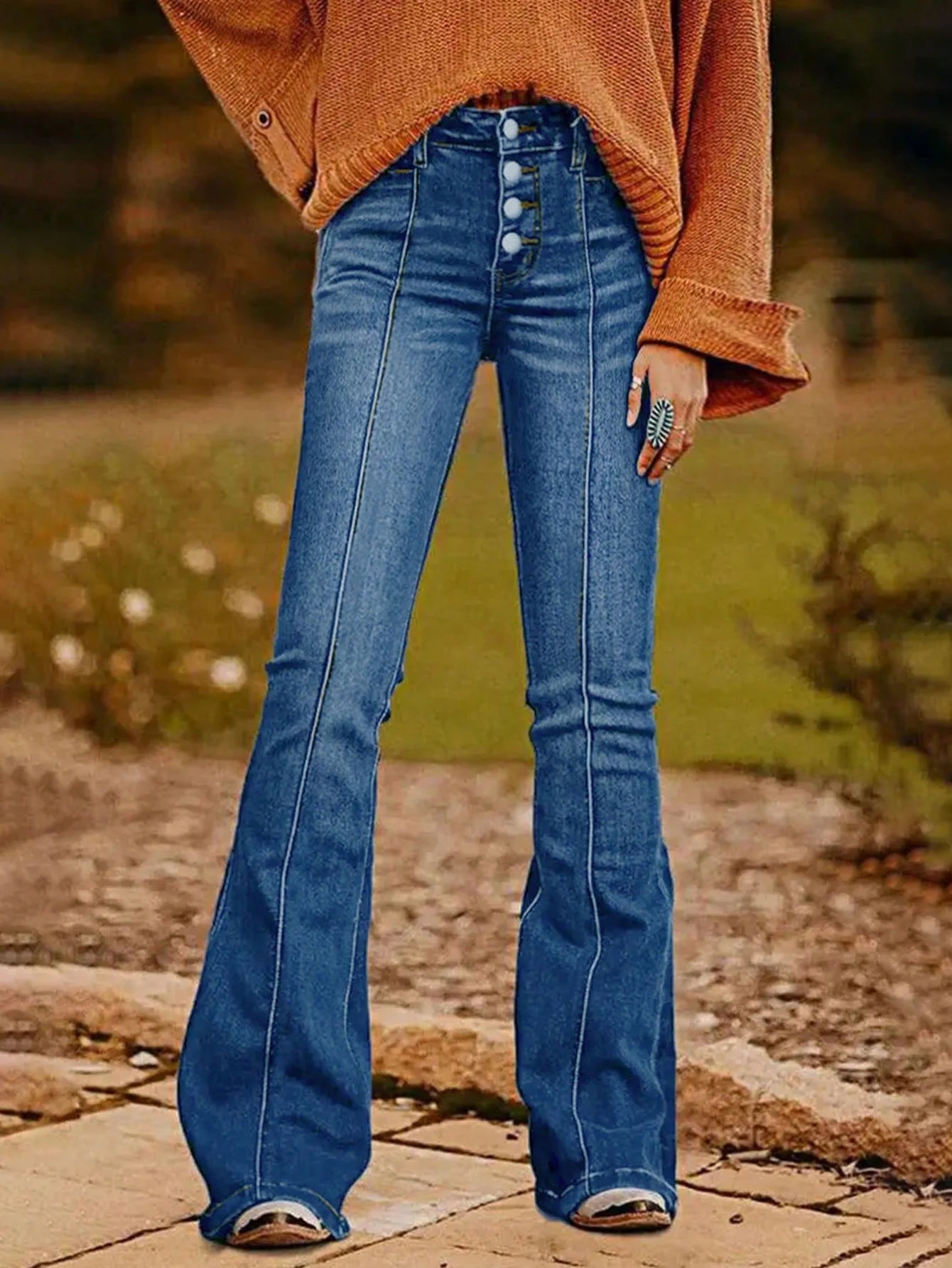 Women's Slim Fit Flared Jeans with Multiple Buttons - Stylish and Trendy Denim Pants