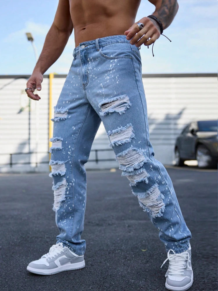 Men's ink-splattered ripped jeans, street-style American hip-hop pants