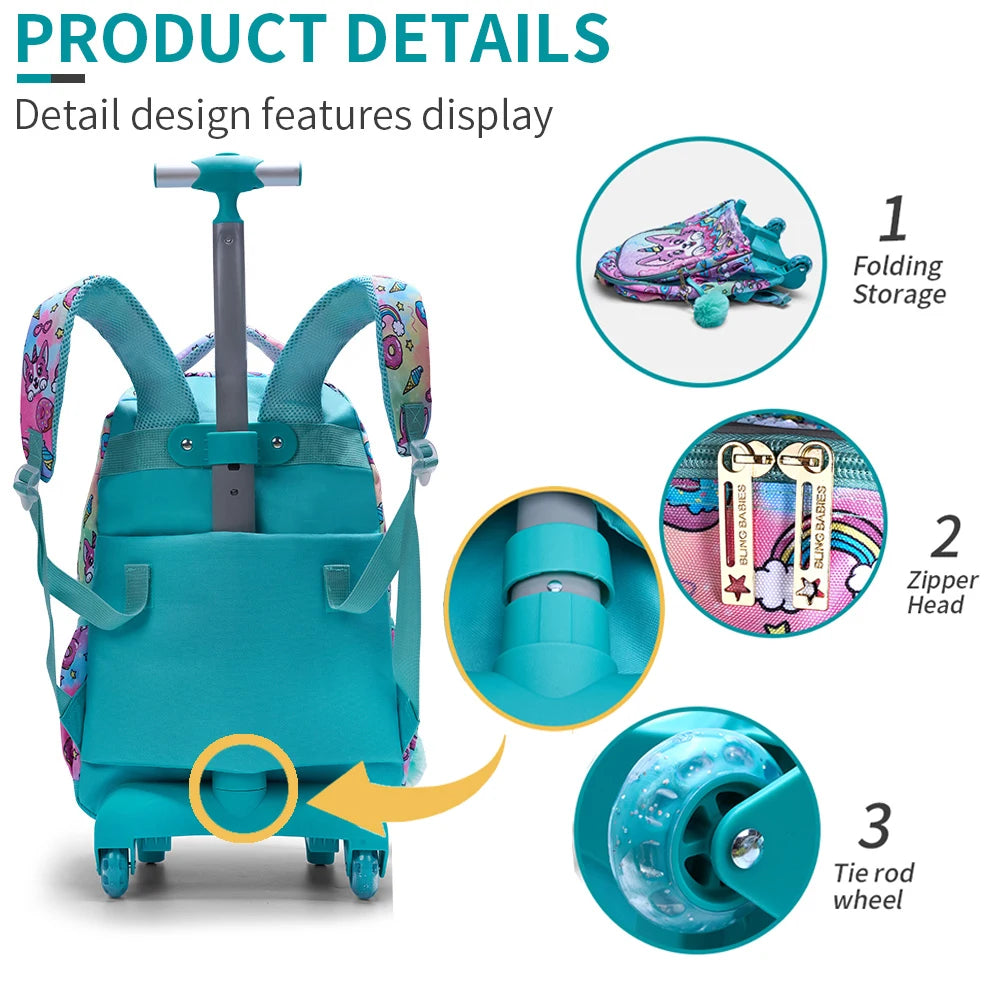 3PCS Kids travel bag, Luggage Bag, Bookbag with wheels, With Lunch Box And Pen Bag, Green Puppy sequin, Nighttime reflective