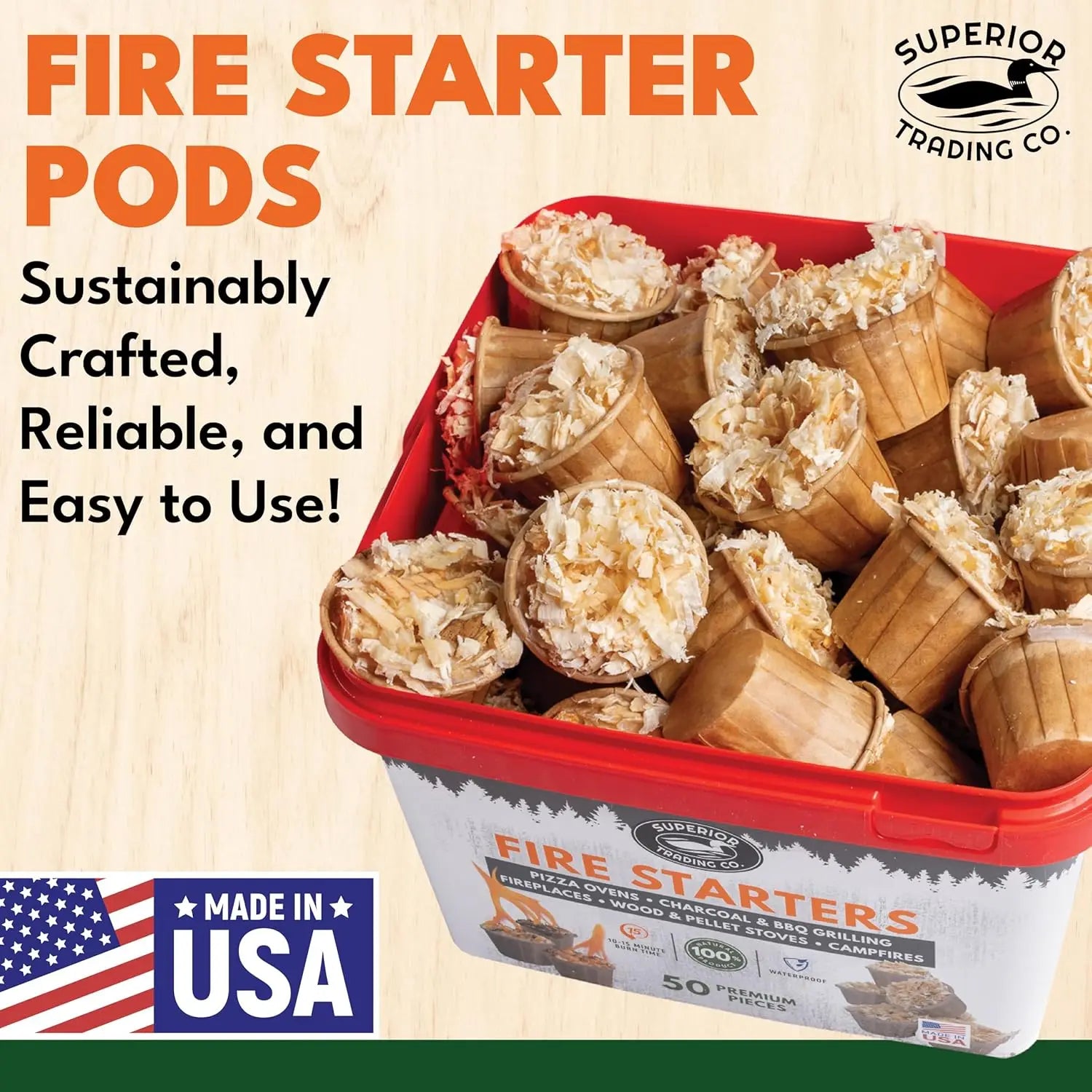 Fire Starter Pods in Plastic Bucket 15-20 Min Burn, 50 Large Pods, USA Made