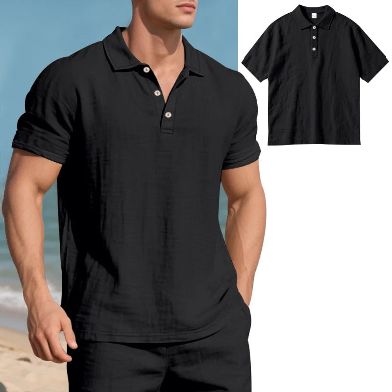 Men s Casual Short Sleeve Linen Shirt with Lapel Collar and Button Detail - Lightweight