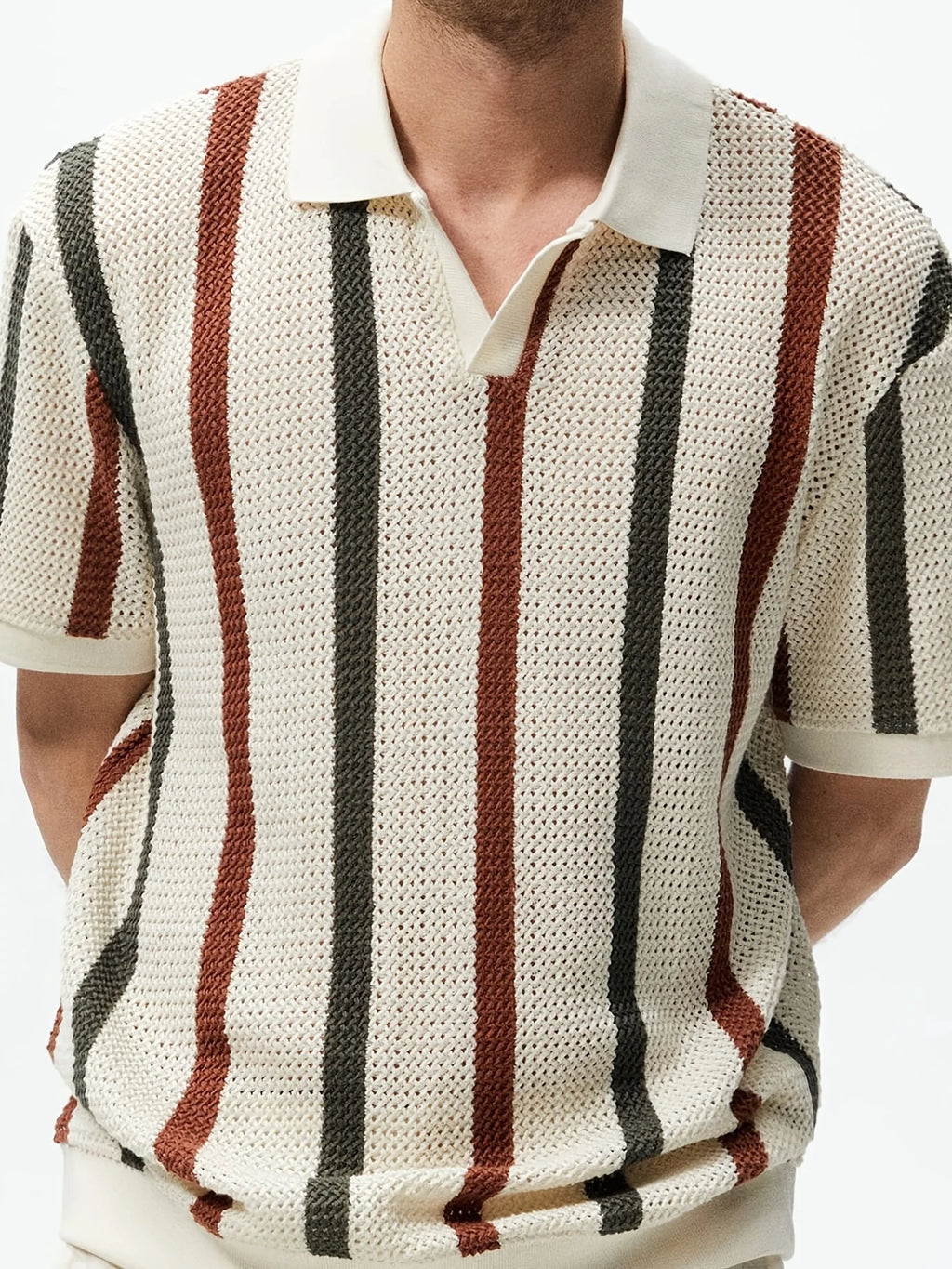 Men's Summer Chunky Knit Short-Sleeve Polo Shirt With Stripes And Contrast Colors, Casual Wear For Daily Outings