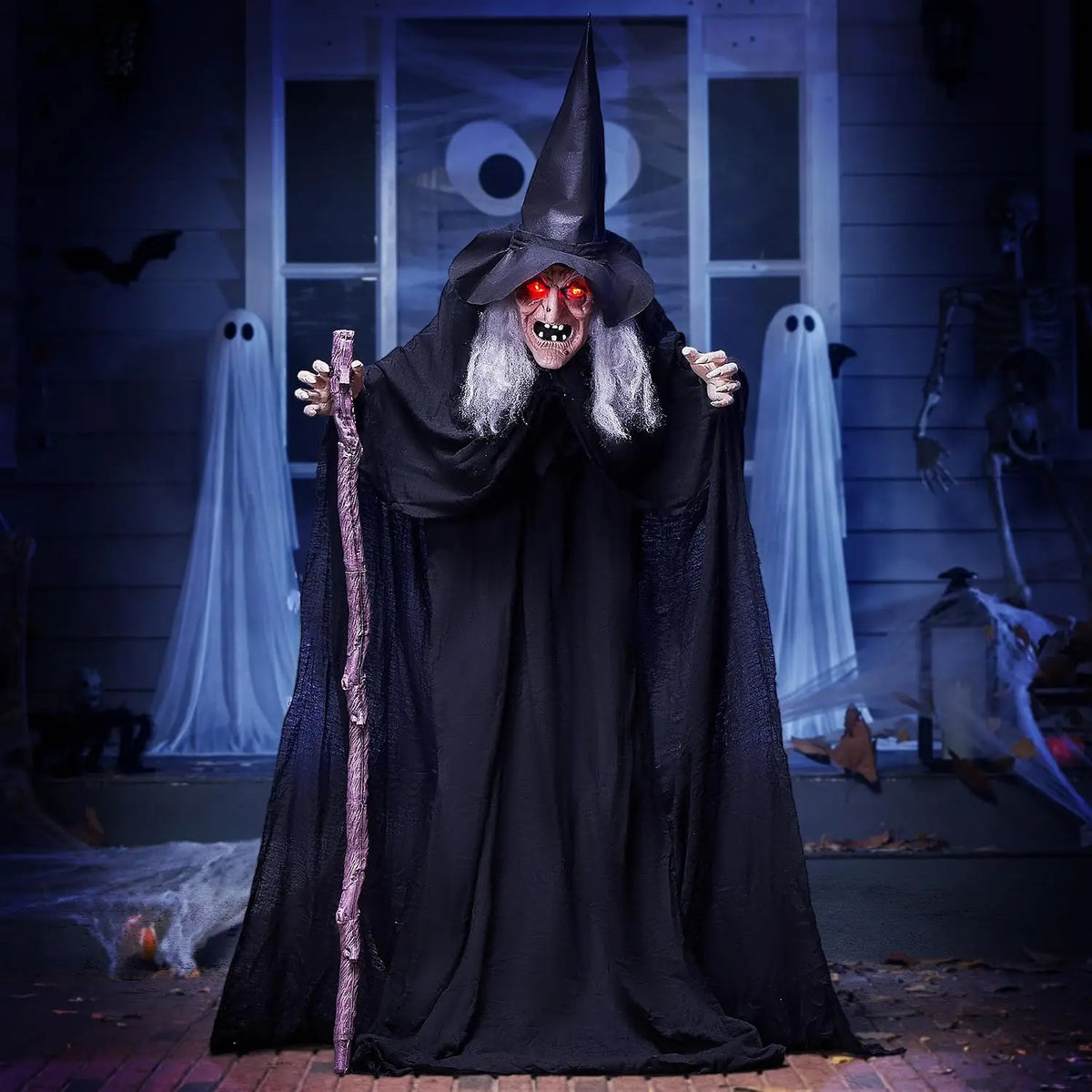 72" Animatronics Witch Outdoor Halloween Decorations with Cane Life Size with Creepy Sound and Light-up Eyes, Party Supplies