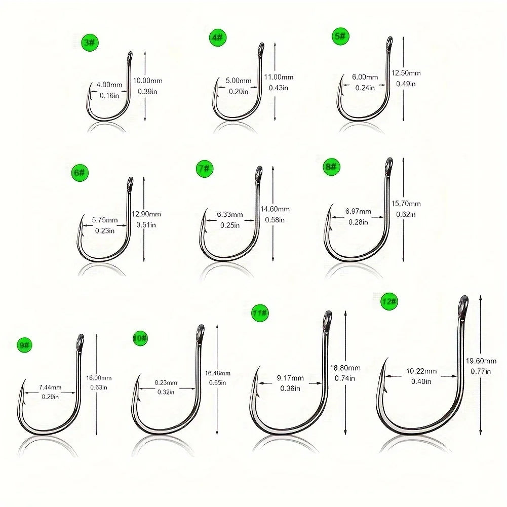 500Pcs Pack of Fishing Hooks with Barbs – Size 3-12# Black Stainless Steel Hooks