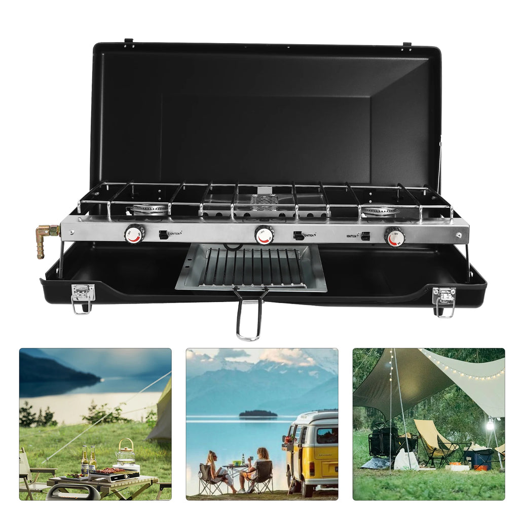 Portable Camping Stove with Griddle 3 Burner Propane Gas Stove Adjustable