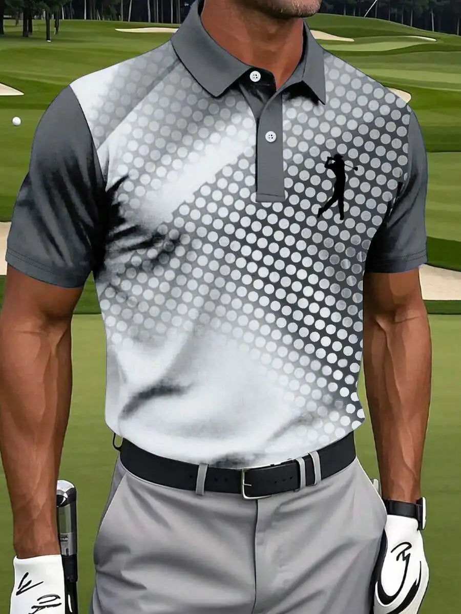 Men's Blue Gradient Polka Dot Golf Polo Shirt, Short Sleeve, Casual Sportswear