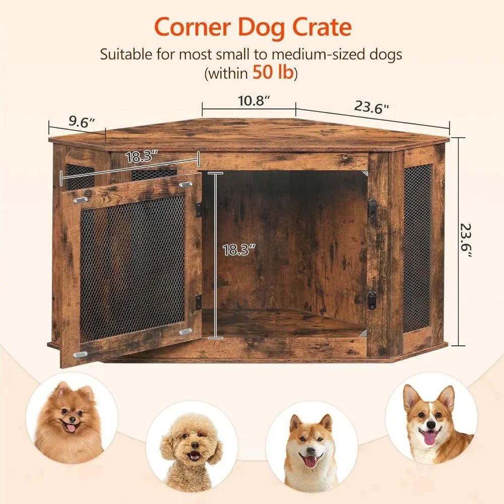 Corner Dog Crate Furniture, Wooden Dogs Kennel, Decorative Pet Crate Indoor Use