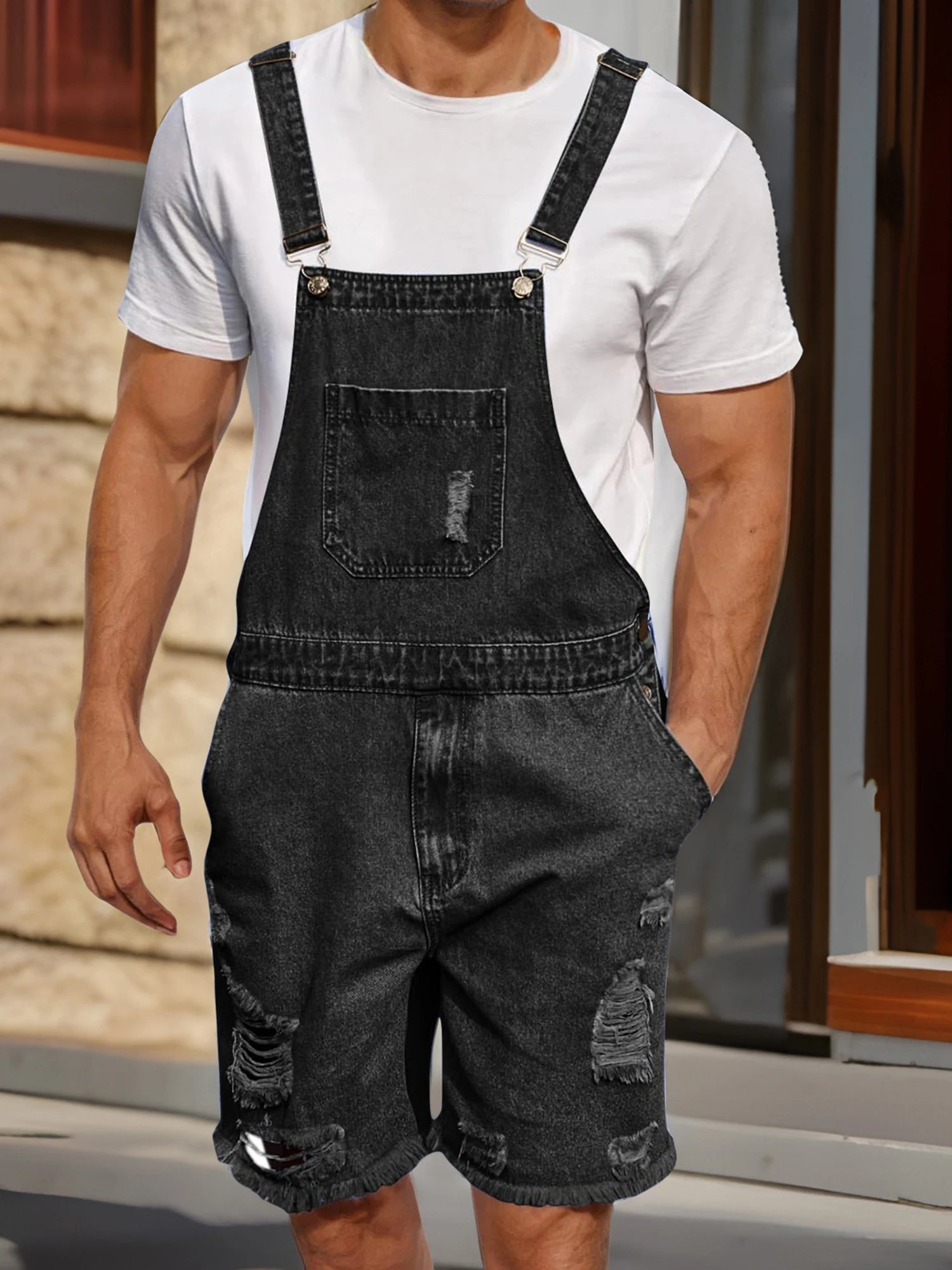 Men s Distressed Denim Overall Shorts Sleeveless Solid Color Loose Fit Jumpsuit