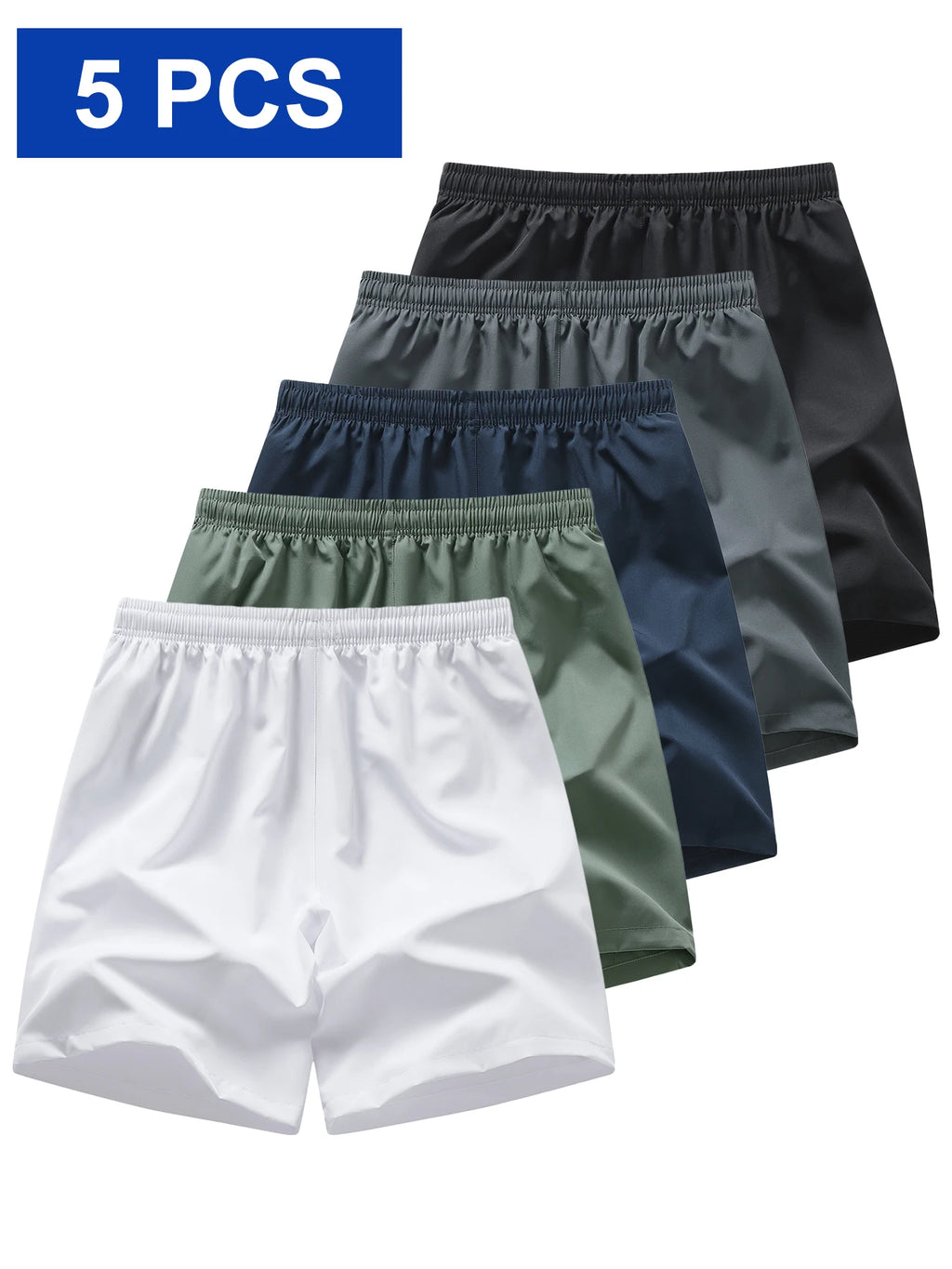 5 pairs of men's casual sports shorts - wrinkle-resistant polyester blend, adjustable drawstring waistband