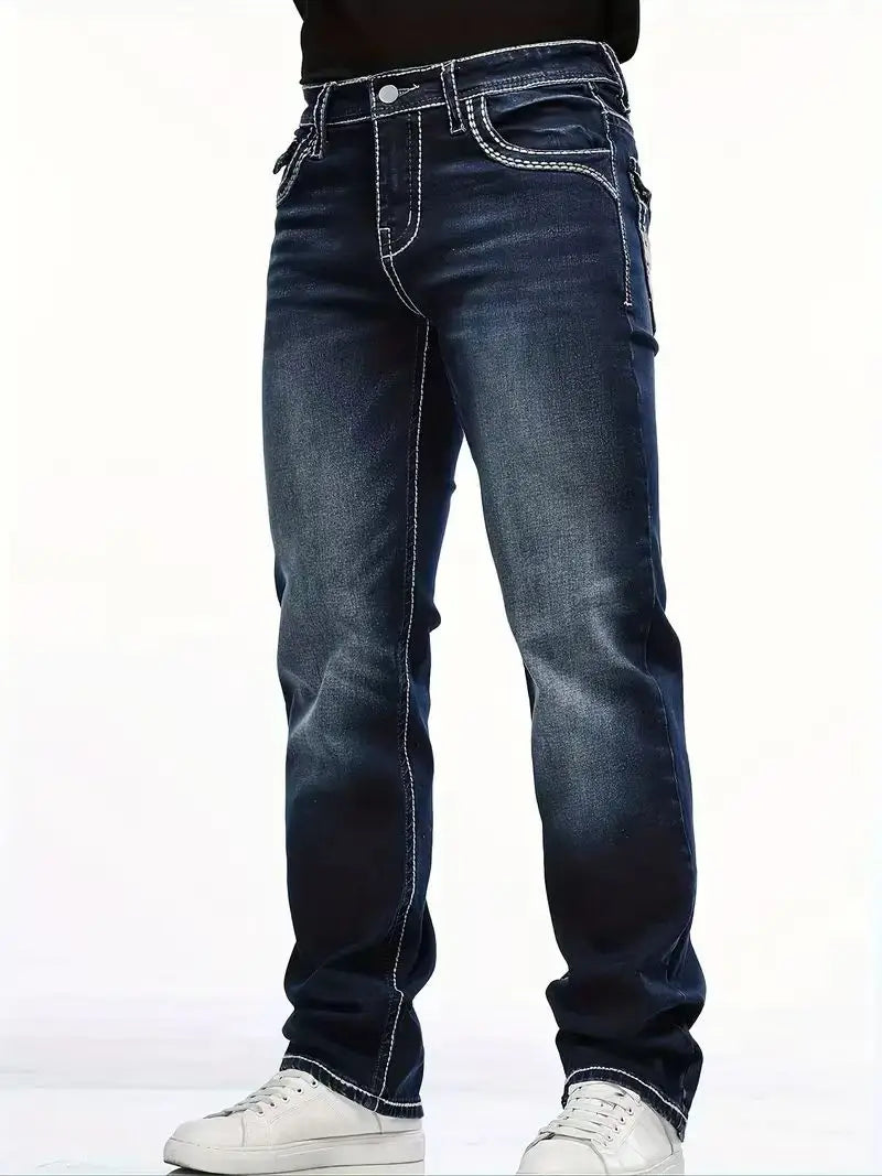 Men's deep blue elastic embroidered casual stretch jeans, street style, solid color,