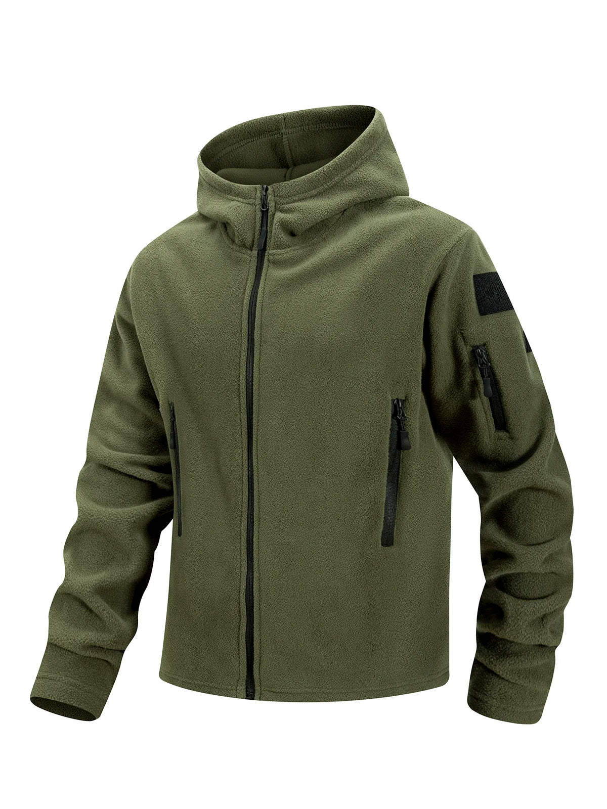Men Fleece Hooded Jacket Full Zip Hoodie Multi Zipper Pockets Hook & Loop Patch Panel Coat Outdoor