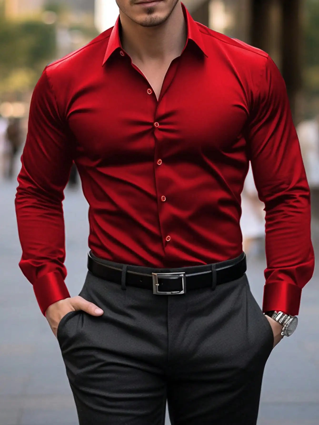 Men's Solid Long Sleeve Formal Dress Shirt