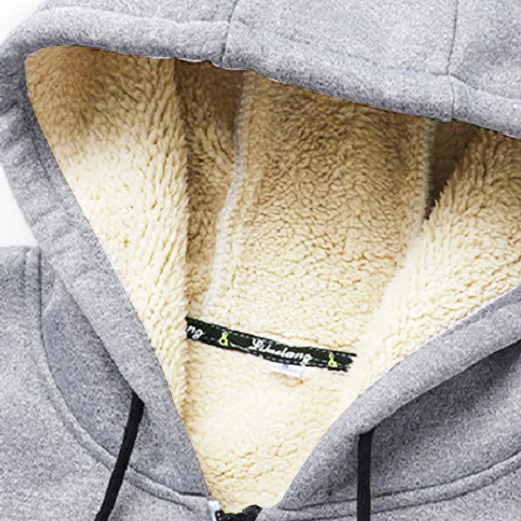 New men's solid color fleece-lined and thickened winter hooded drawstring sweatshirt cardigan, casual warm fleece-lined jacket