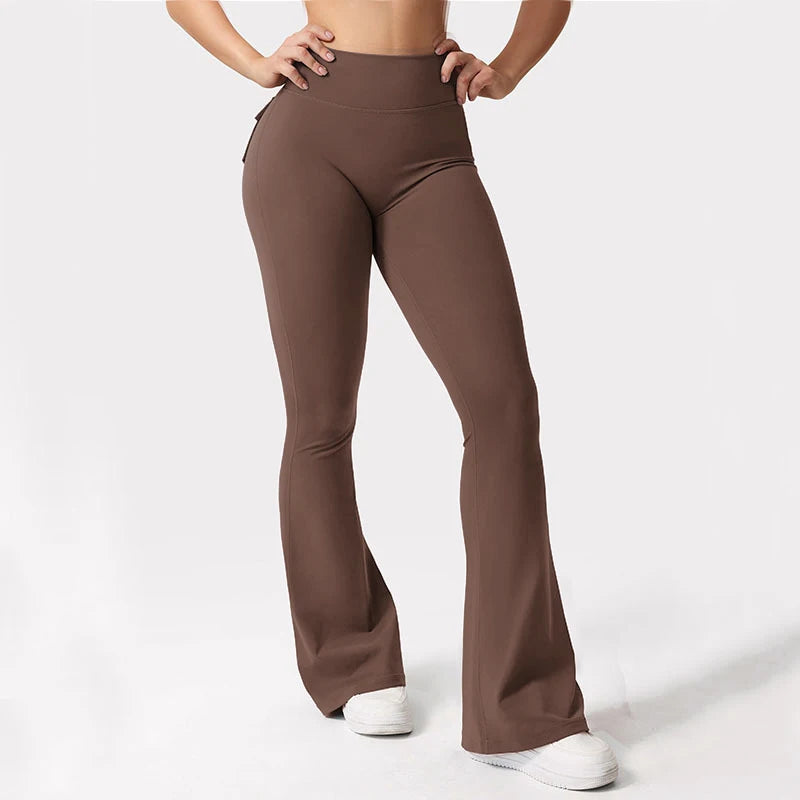 Women's Yoga Flare Trousers, High-Waisted Tummy-Control Wide-Leg Trousers Outdoor with Pockets