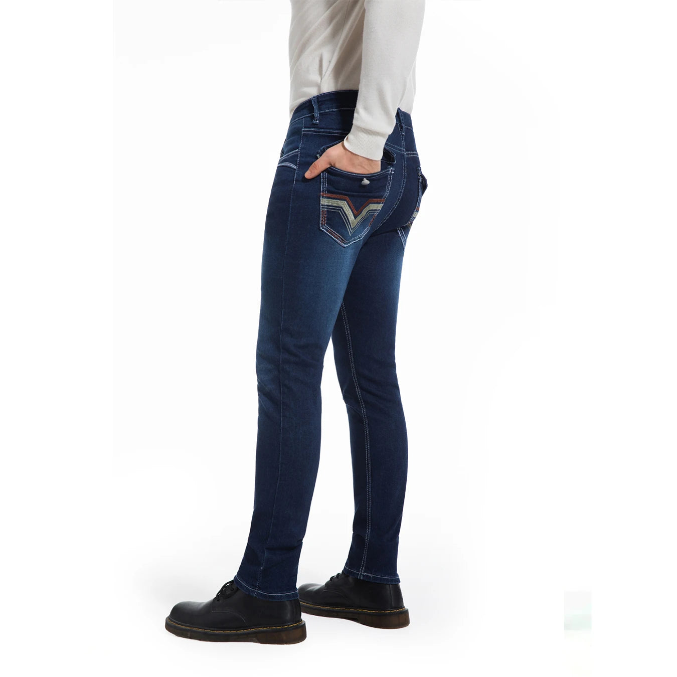 Men's deep blue elastic embroidered casual stretch jeans, street style, solid color,