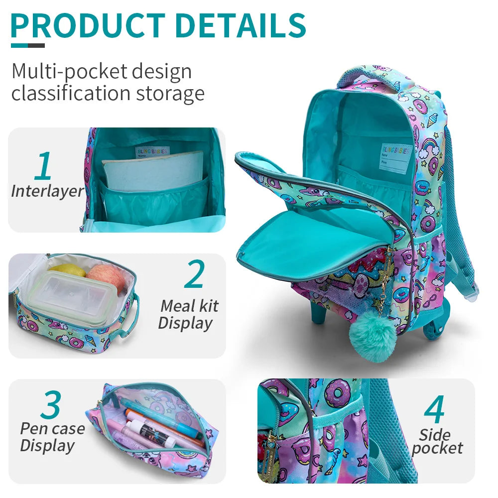 3PCS Kids travel bag, Luggage Bag, Bookbag with wheels, With Lunch Box And Pen Bag, Green Puppy sequin, Nighttime reflective