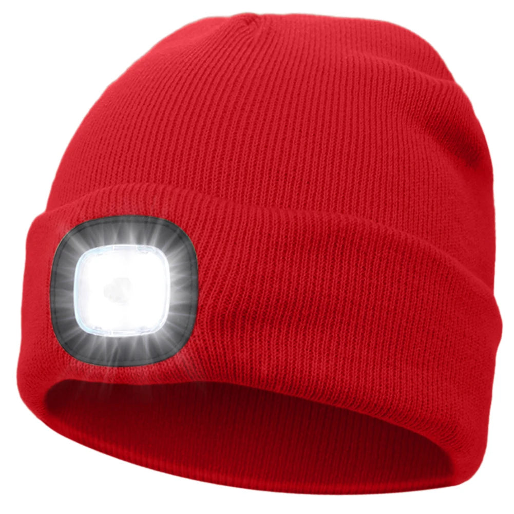 Winter Warm Knit Beanie 8 Hours High Powered Light 4 LED, USB Rechargeable Hands Free Headlamp Cap
