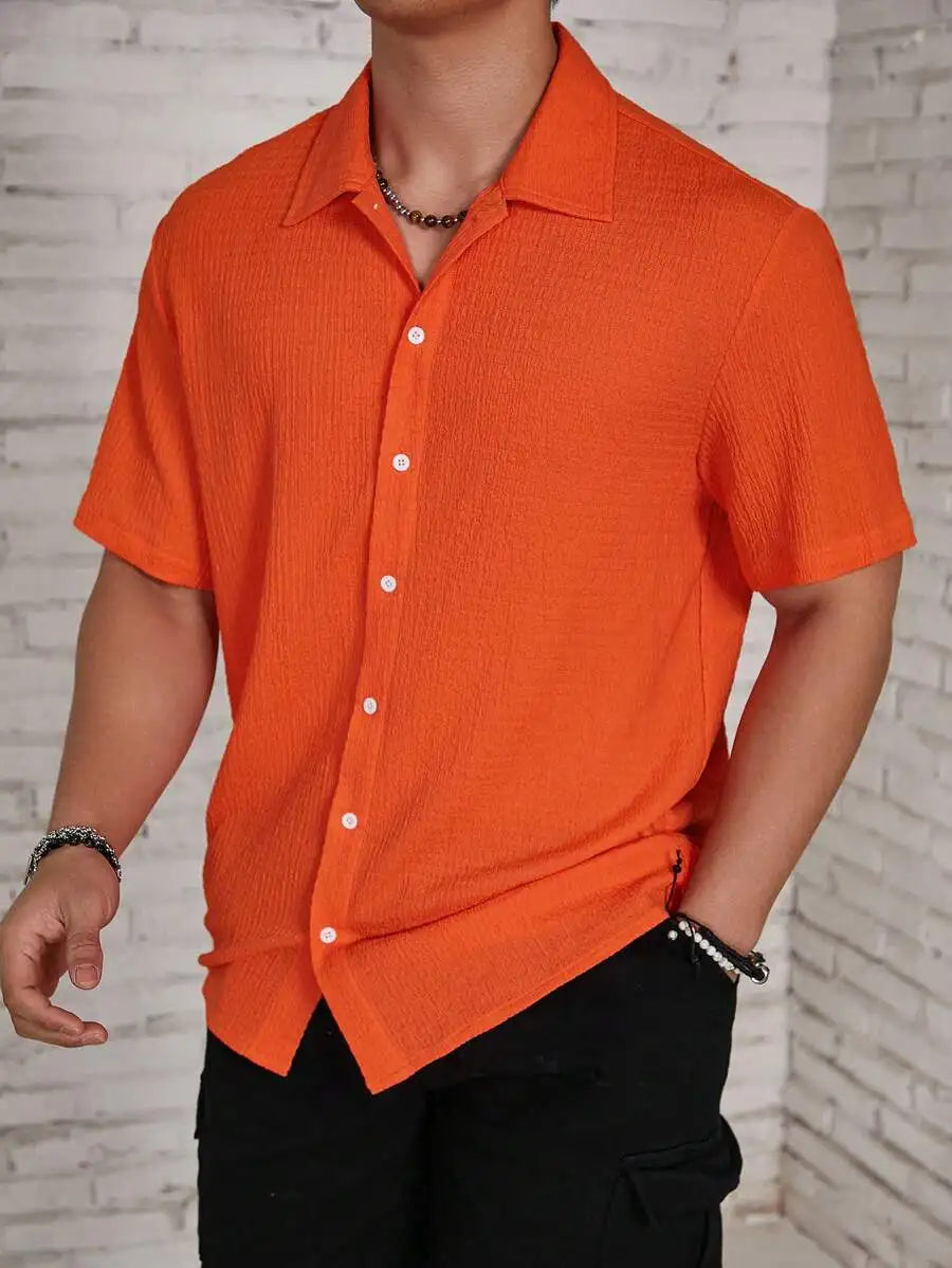 Men's Textured Knit Short Sleeve Button-Front Shirt, Loose Fit
