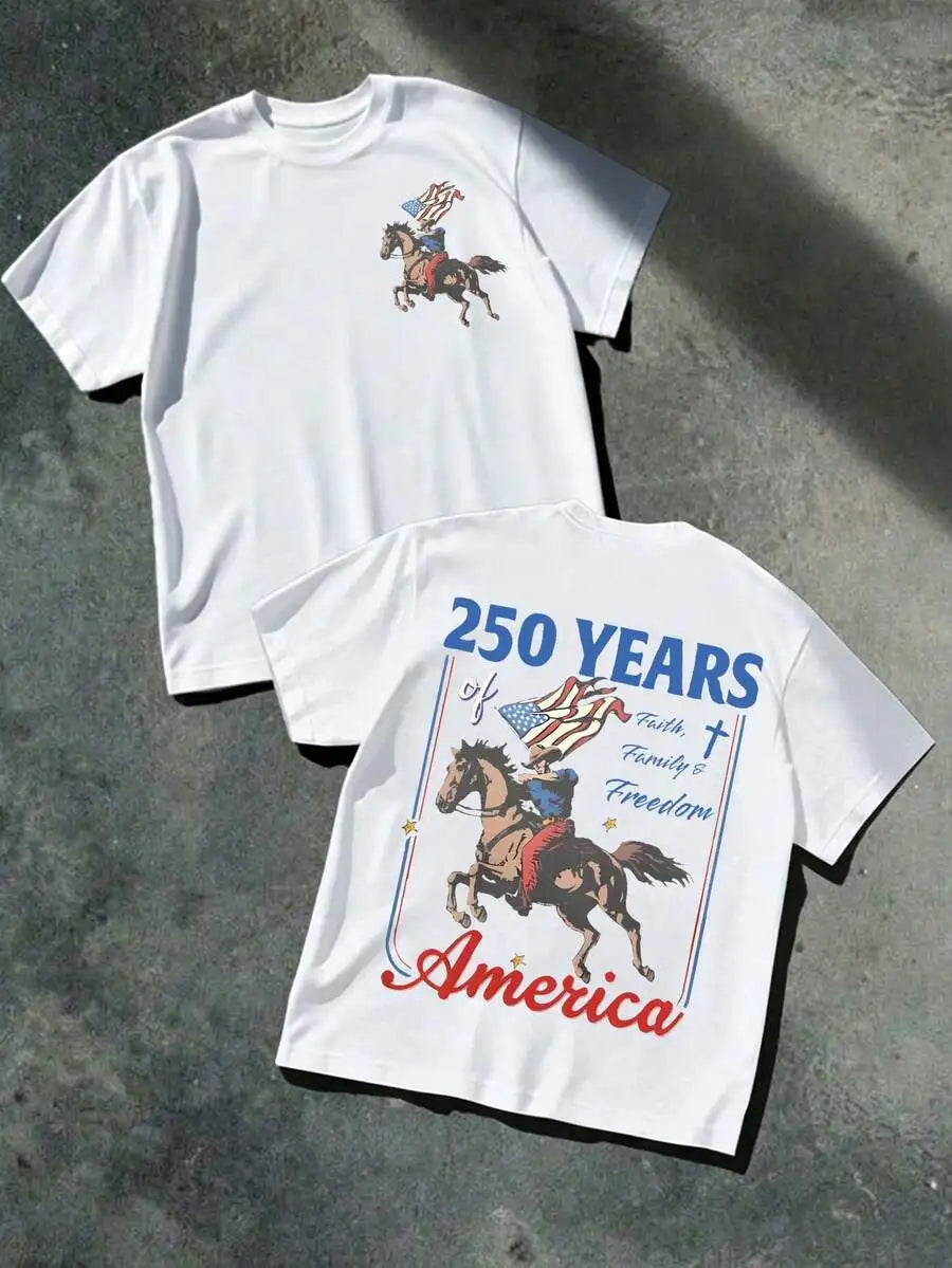 Patriotic Cowboy Horse Graphic T-Shirt For Men Faith Family Freedom 4th Of July Cotton Tee