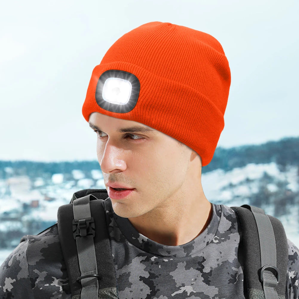 Winter Warm Knit Beanie 8 Hours High Powered Light 4 LED, USB Rechargeable Hands Free Headlamp Cap