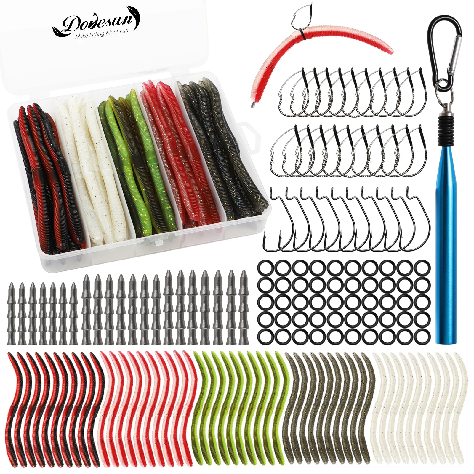152Pcs Wacky Worm Kit for Bass Trout Fishing - Soft Plastic Baits, Bass Hooks,Weedless Jig Head, Wacky Rig Tool, O-Rings, Weight