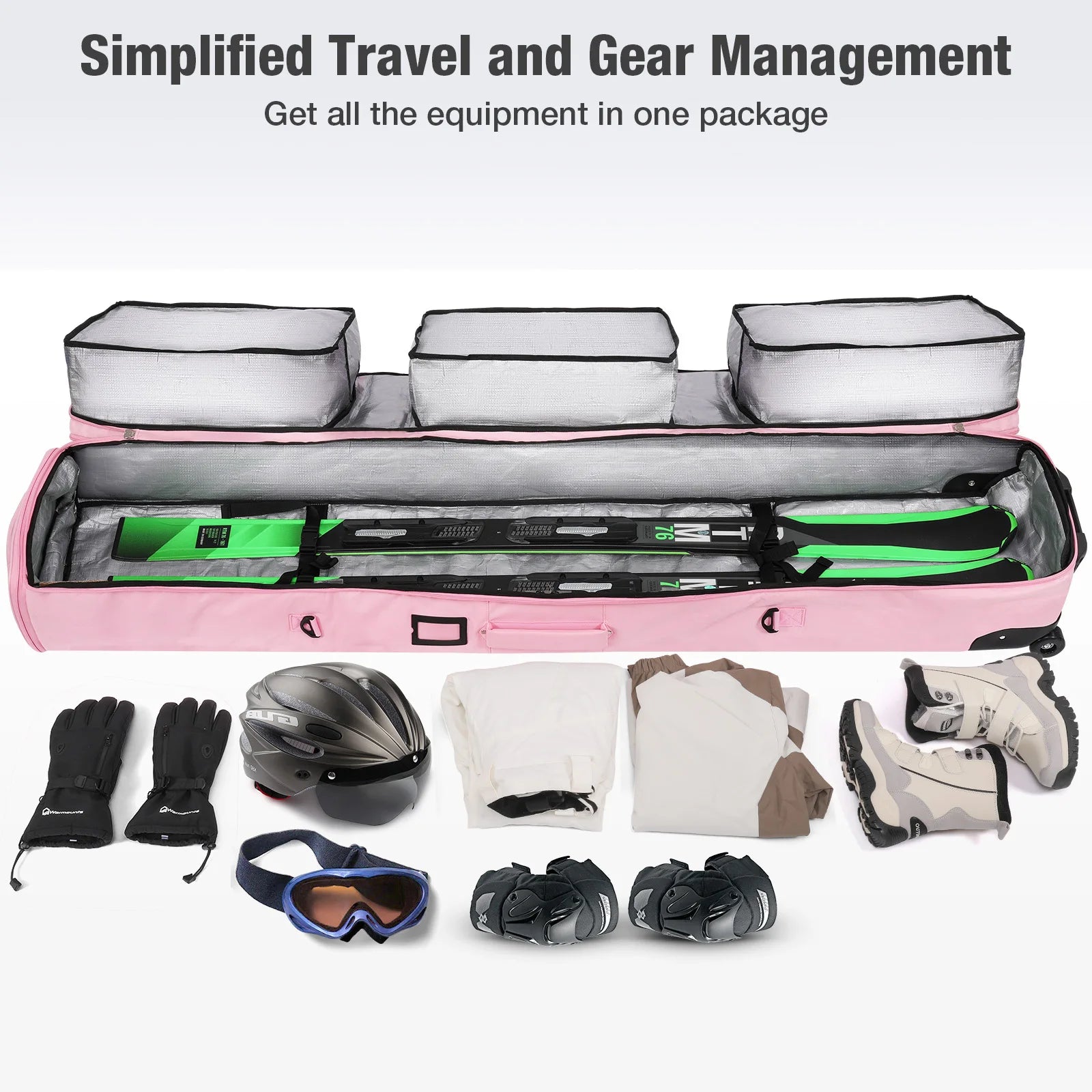 Pink/Black Skiing Bags with Rolling Wheel Padded Waterproof polyester 3 Separation Storage Adjustable Length