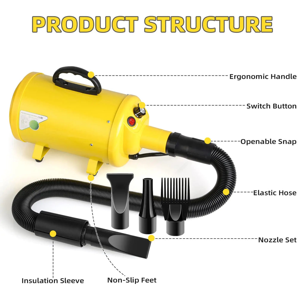 Dog Hair Dryer, 3.8HP 2800W Pet Grooming Blower for Large Dogs Hair Force Blaster with Heat