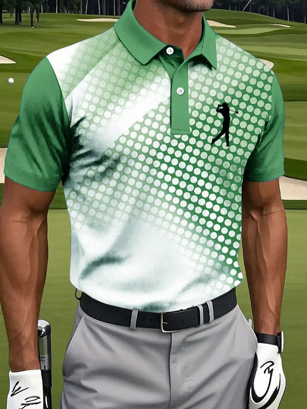 Men's Blue Gradient Polka Dot Golf Polo Shirt, Short Sleeve, Casual Sportswear