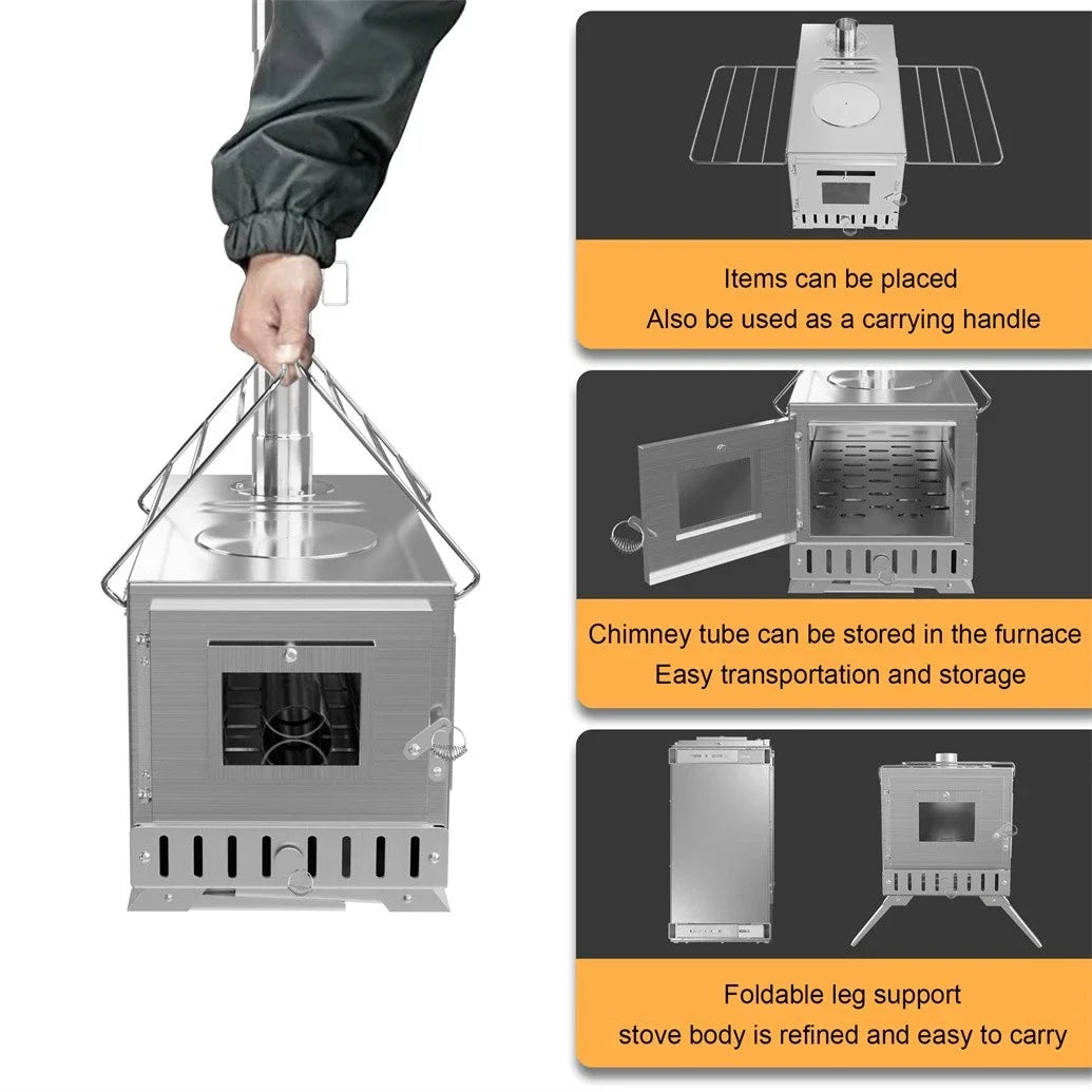 Hot Tent Stove, Portable Wood Stove with 6 Stainless Chimney Pipes