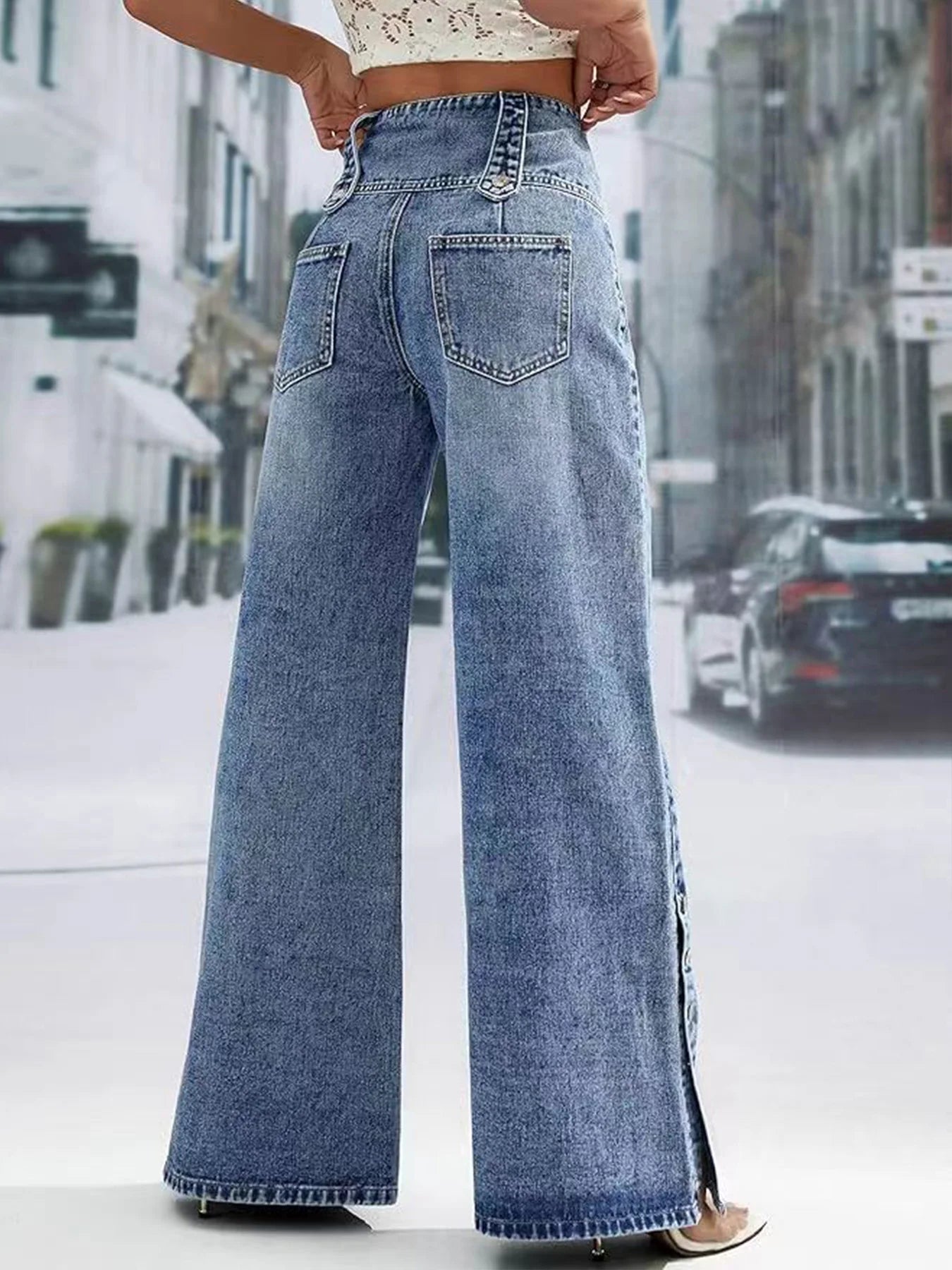 Ladies Wide-Leg Jeans with Buttons, Loose Fit, Mid-Waist, Slightly Stretchy