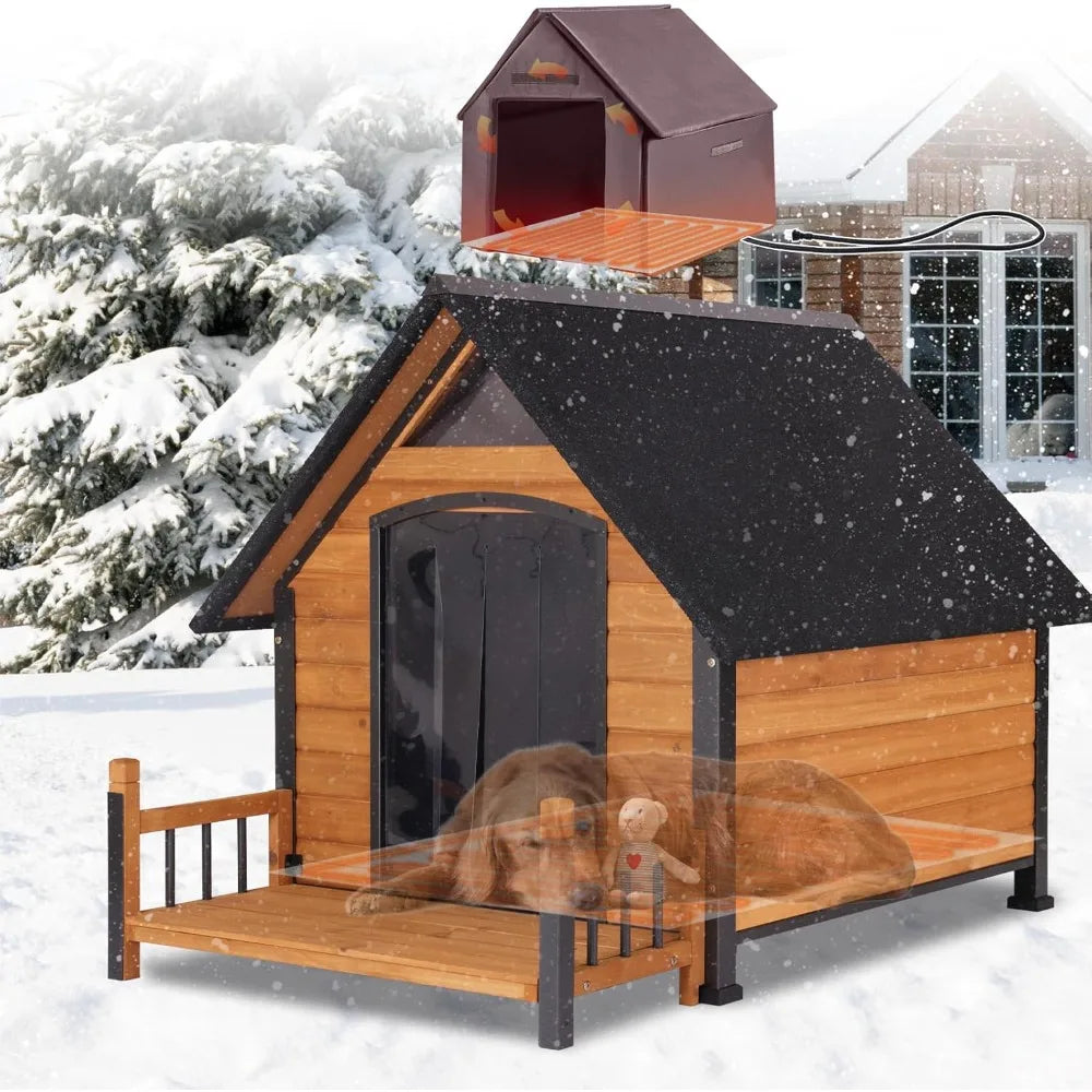 Insulated Dog House with Heating Pad, Weatherproof Outdoor Chew-Resistant Iron Frame & Asphalt Roof