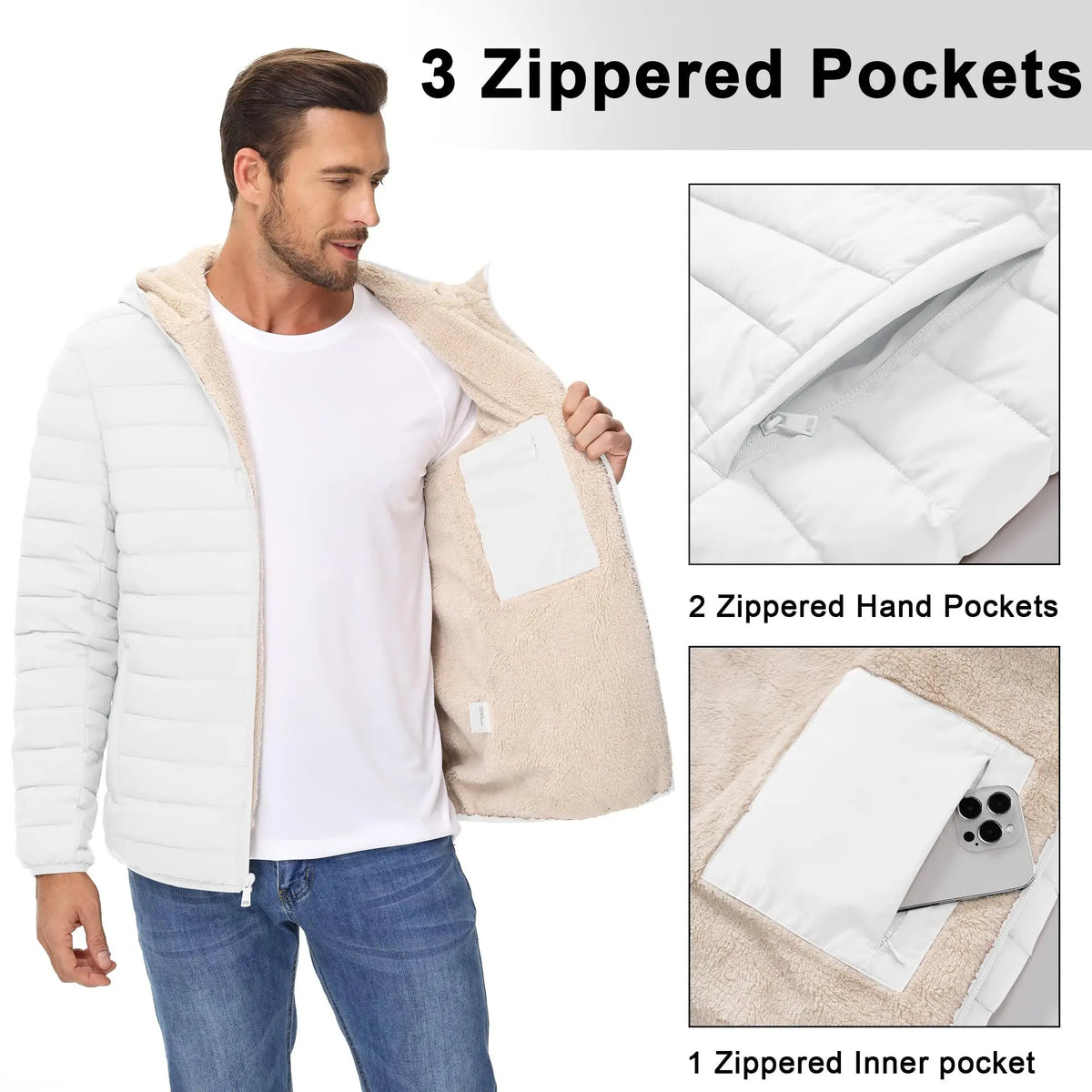Men's Hooded Puffer Jacket Sherpa Lined Winter Coat Warm Insulated Windproof Water Resistant Full Zip Outdoor Hiking Casual Jacket
