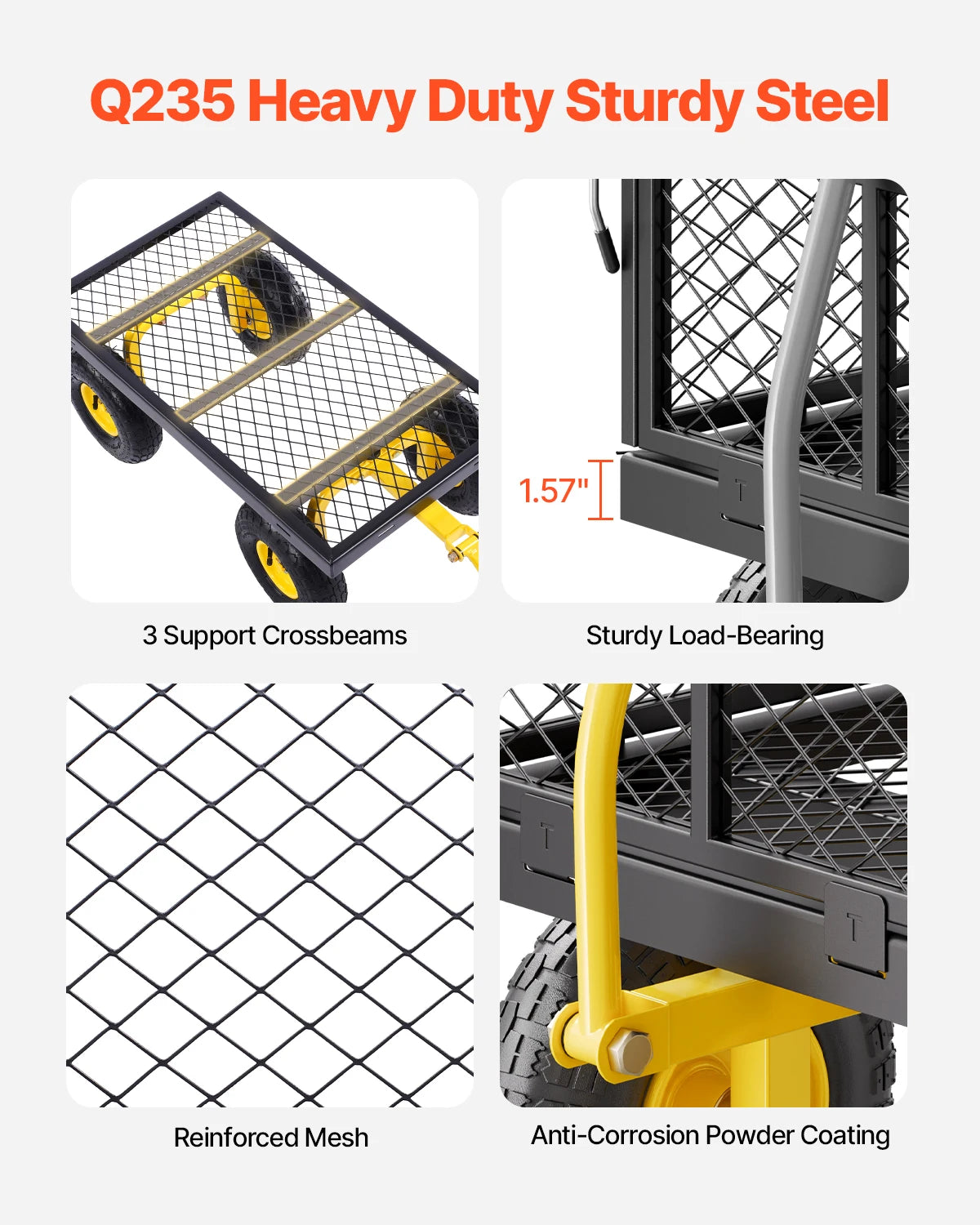 Steel Garden Cart Pullable on Wheels Mesh Removable Sides and Rotating Handle