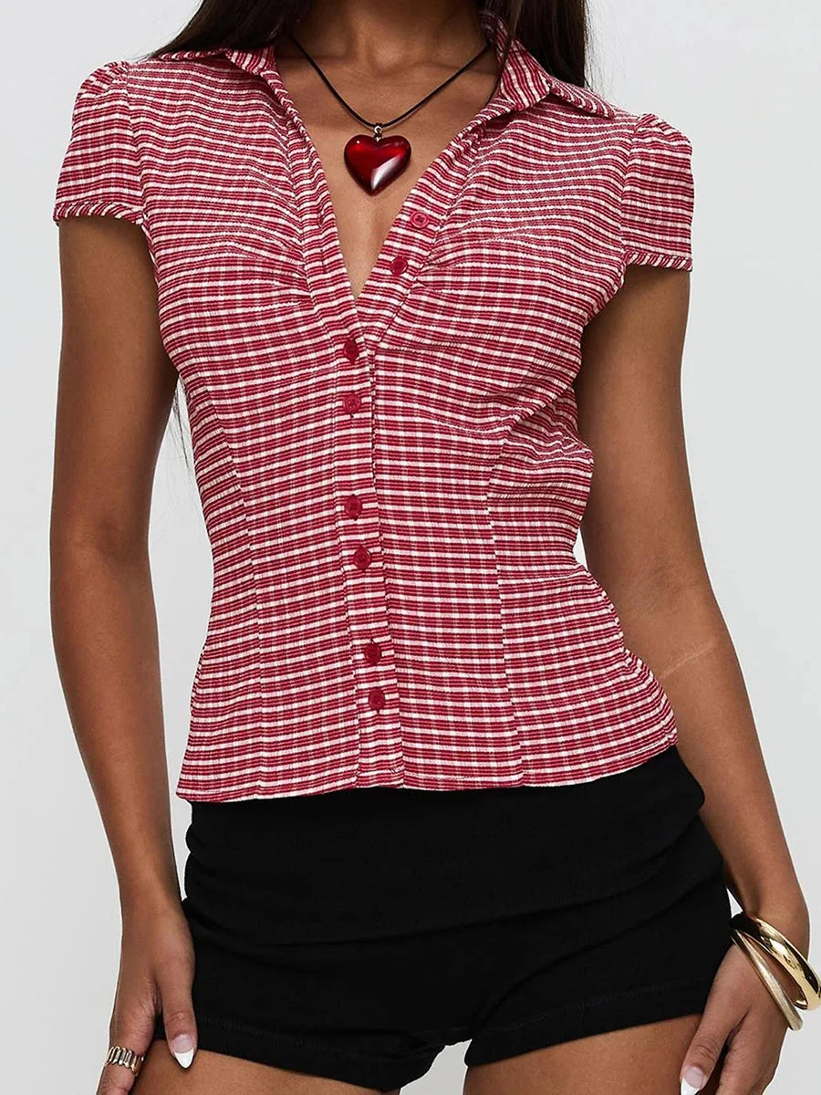 Women s Stylish Plaid Print Short Sleeve Shirt Lapel Button