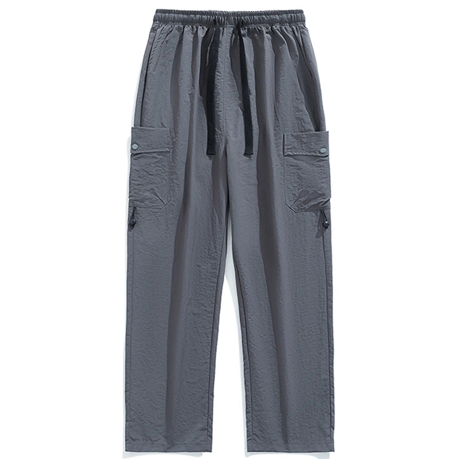 Men's Straight Leg Cargo Pants Breathable Elastic Waist Drawstring Pocket Wide Leg Pants