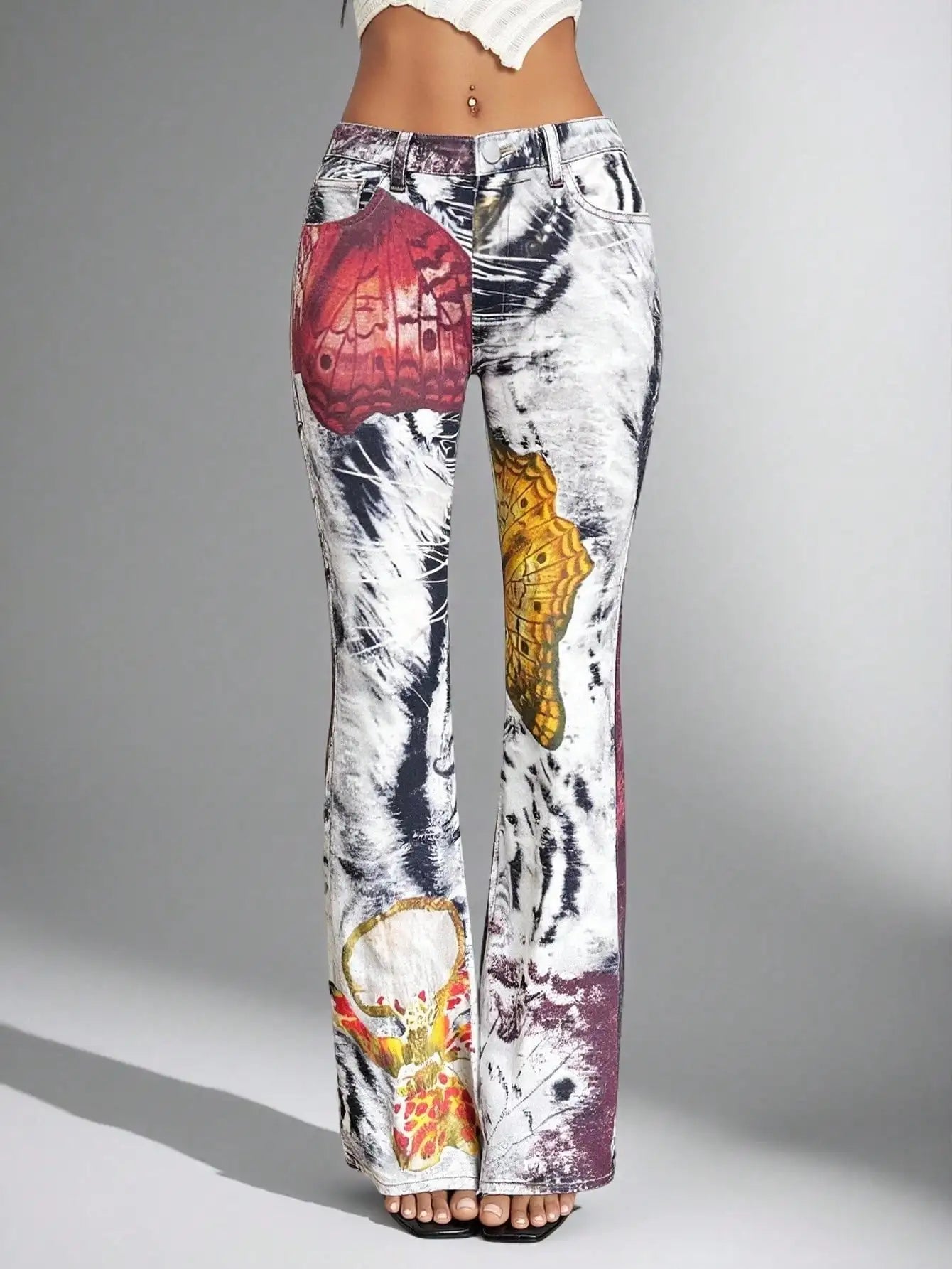 Y2K Butterfly Print Flared Denim Jeans Vintage Streetwear Graphic Pants