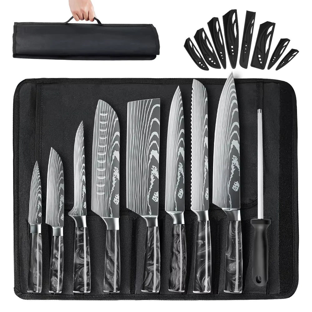 8PCS Resin Handle Carbon Steel Chef Knives Meat Cleaver Fruit Vegetable Slicing