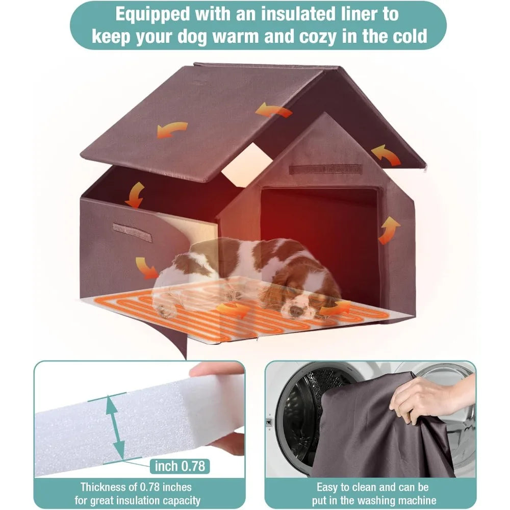 Insulated Dog House with Heating Pad, Weatherproof Outdoor Chew-Resistant Iron Frame & Asphalt Roof