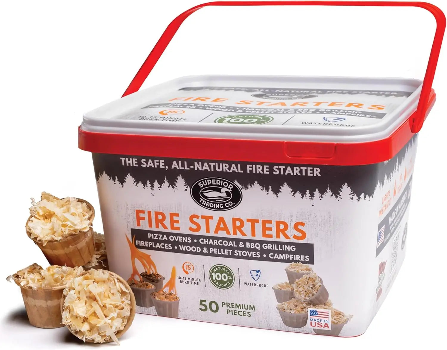 Fire Starter Pods in Plastic Bucket 15-20 Min Burn, 50 Large Pods, USA Made