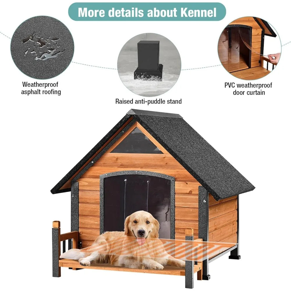 Insulated Dog House with Heating Pad, Weatherproof Outdoor Chew-Resistant Iron Frame & Asphalt Roof