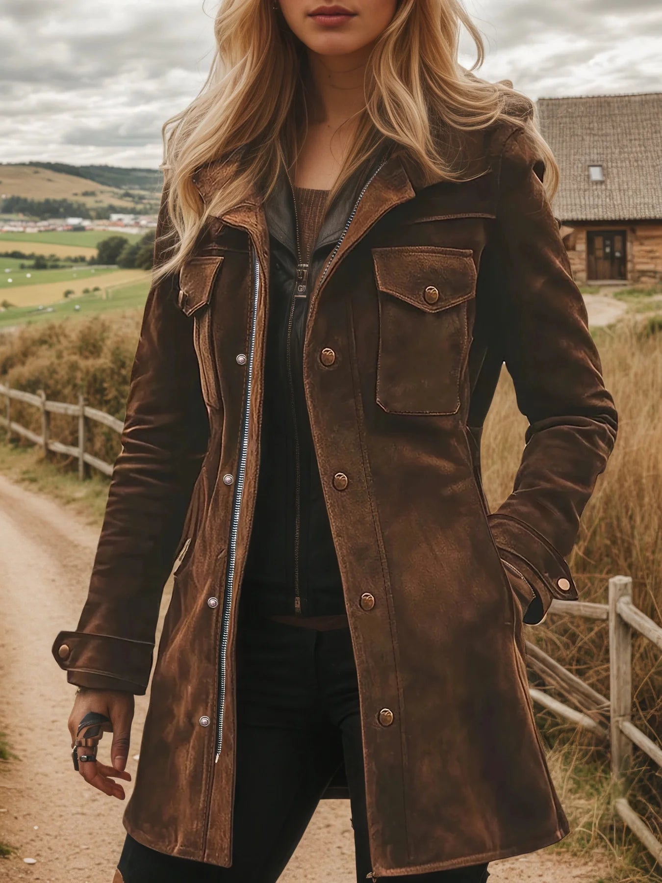 Women's Vintage Suede Turtleneck Casual Jacket, a Versatile and Elegant Mid-Length Coat,