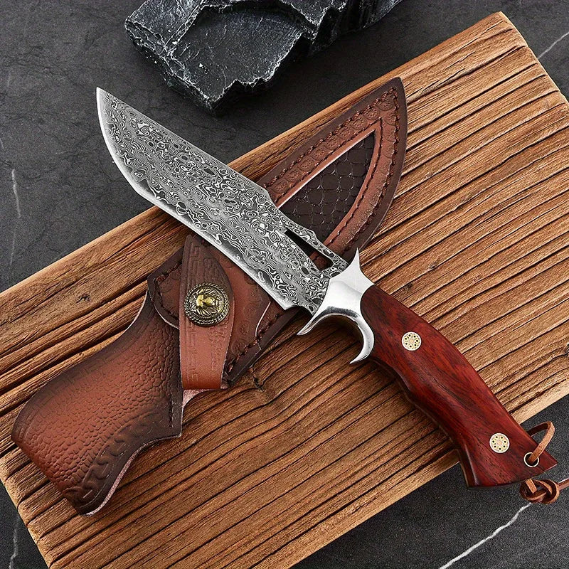 Damascus advanced straight knife, wooden handle and leather scabbard, fast cutting
