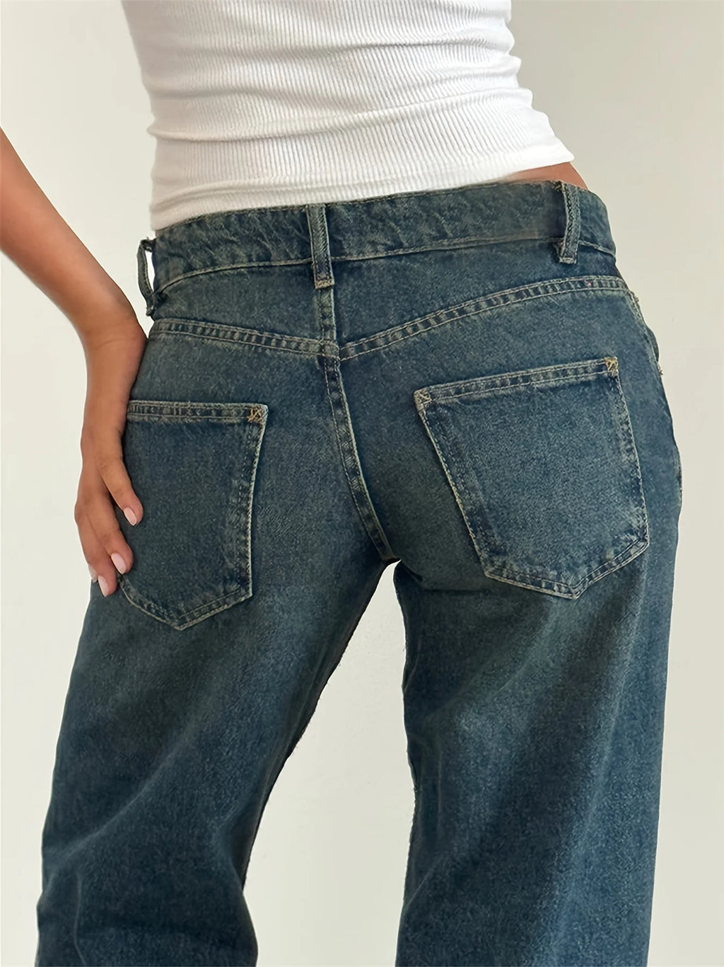 New women's solid-color washed straight-leg jeans, low-waisted, simple, versatile