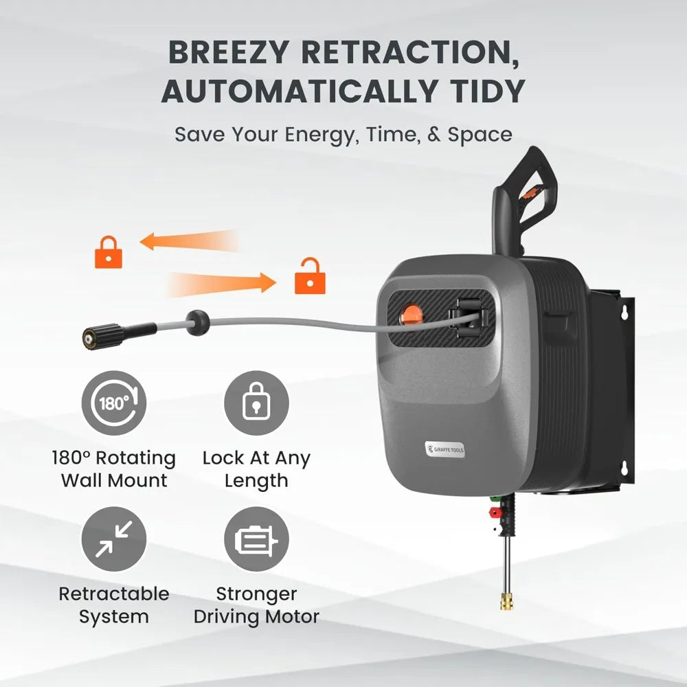 2500 PSI Retractable Pressure Washer, 2.2 GPM Wall Mounted with 65FT Hose Reel & 5 Nozzles