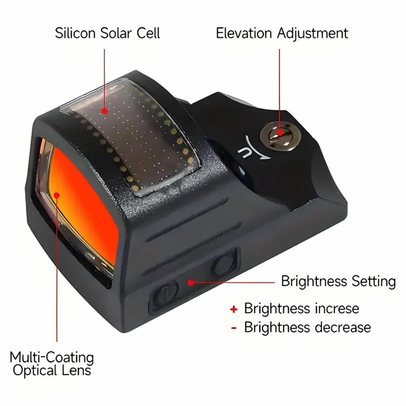 507C Solar-Powered Reflective Red Dot Scope, Black with Orange-Red Accents, Compact & Durable