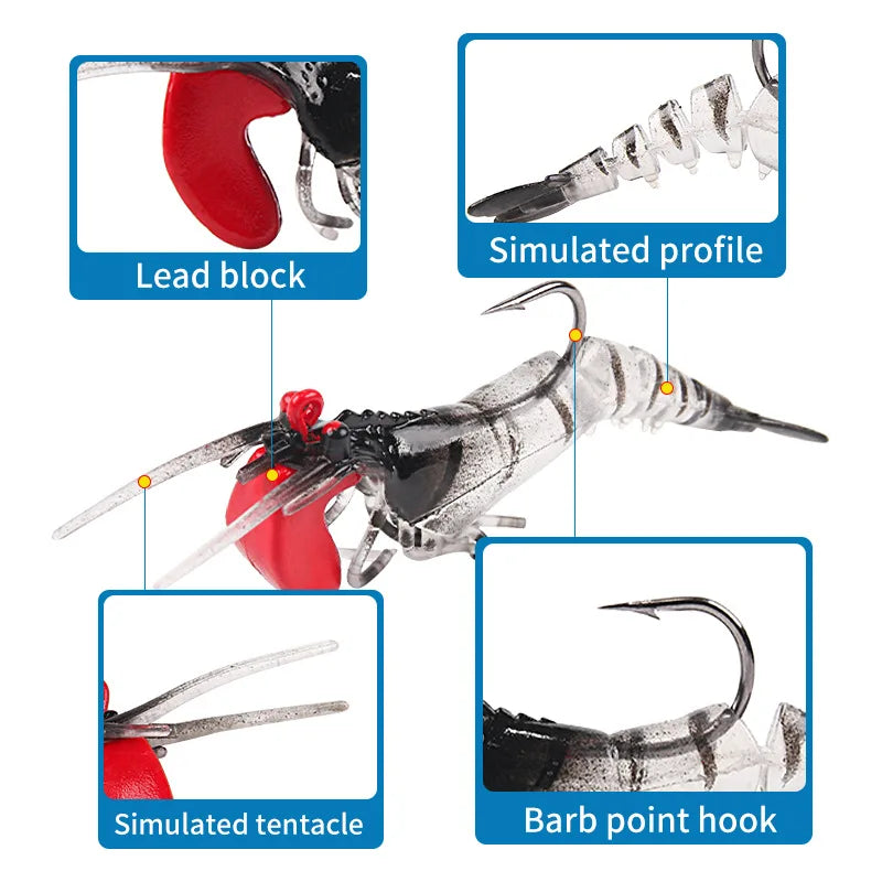 5pcs Soft Shrimp Lure Rigs Fishing Tackle Hooks Jigs Lifelike Swimbait