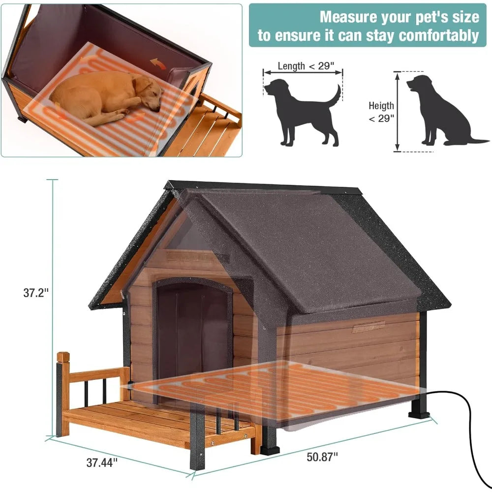 Insulated Dog House with Heating Pad, Weatherproof Outdoor Chew-Resistant Iron Frame & Asphalt Roof