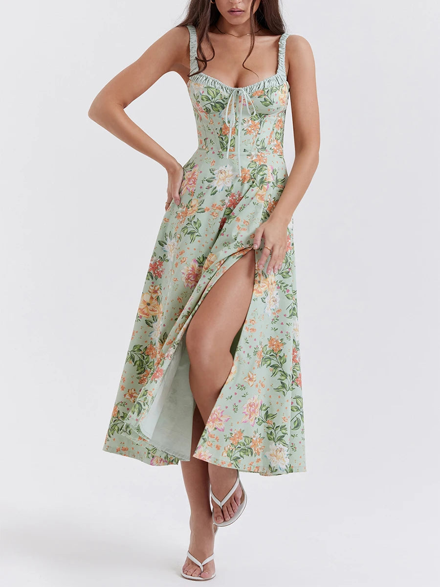 Women Summer Casual Midi Dress Floral Print Low-Cut Sleeveless Sling Sweet Dress Fashion Backless Temperament Dress