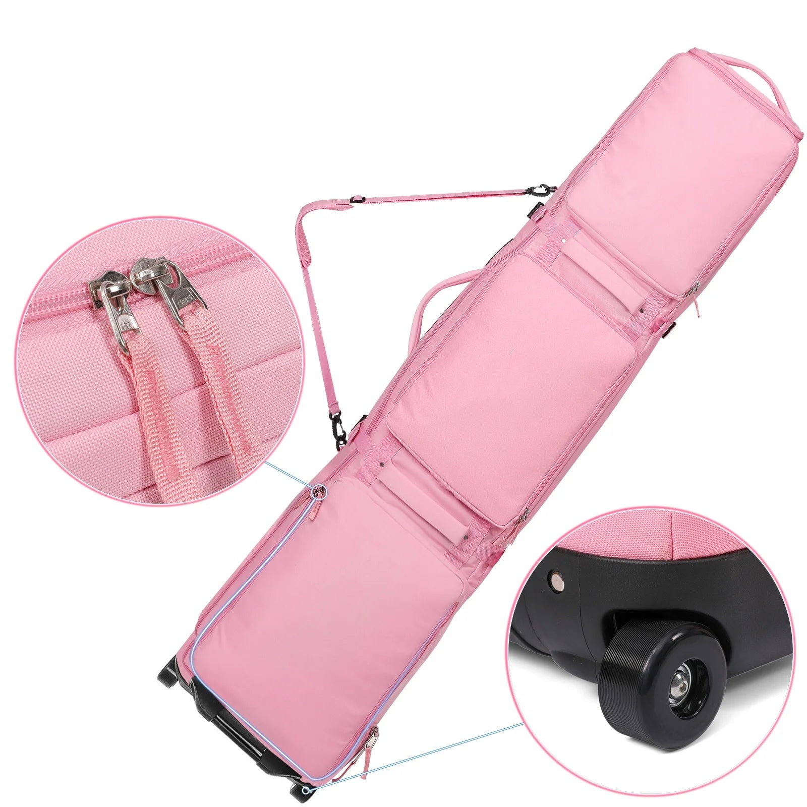 Pink/Black Skiing Bags with Rolling Wheel Padded Waterproof polyester 3 Separation Storage Adjustable Length